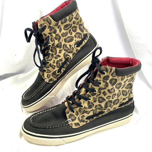 Sperry Top Sider Women's 7.5M High Top Sneakers Leopard Print Brown Canvas - Picture 1 of 10